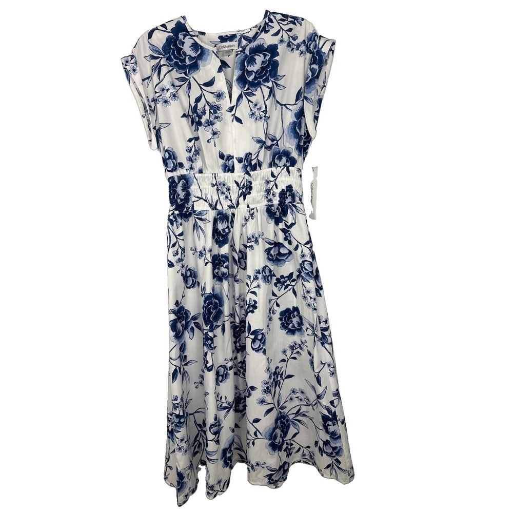 Calvin Klein Floral Smocked V-Neck A-Line Midi Dress size 4